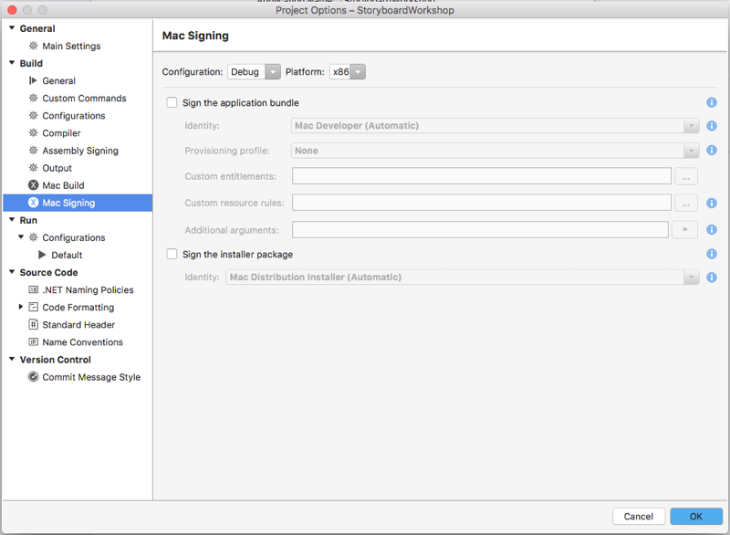 The Mac Signing window The Mac Signing editor