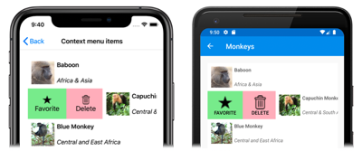 Screenshot of CollectionView context menu items, on iOS and Android
