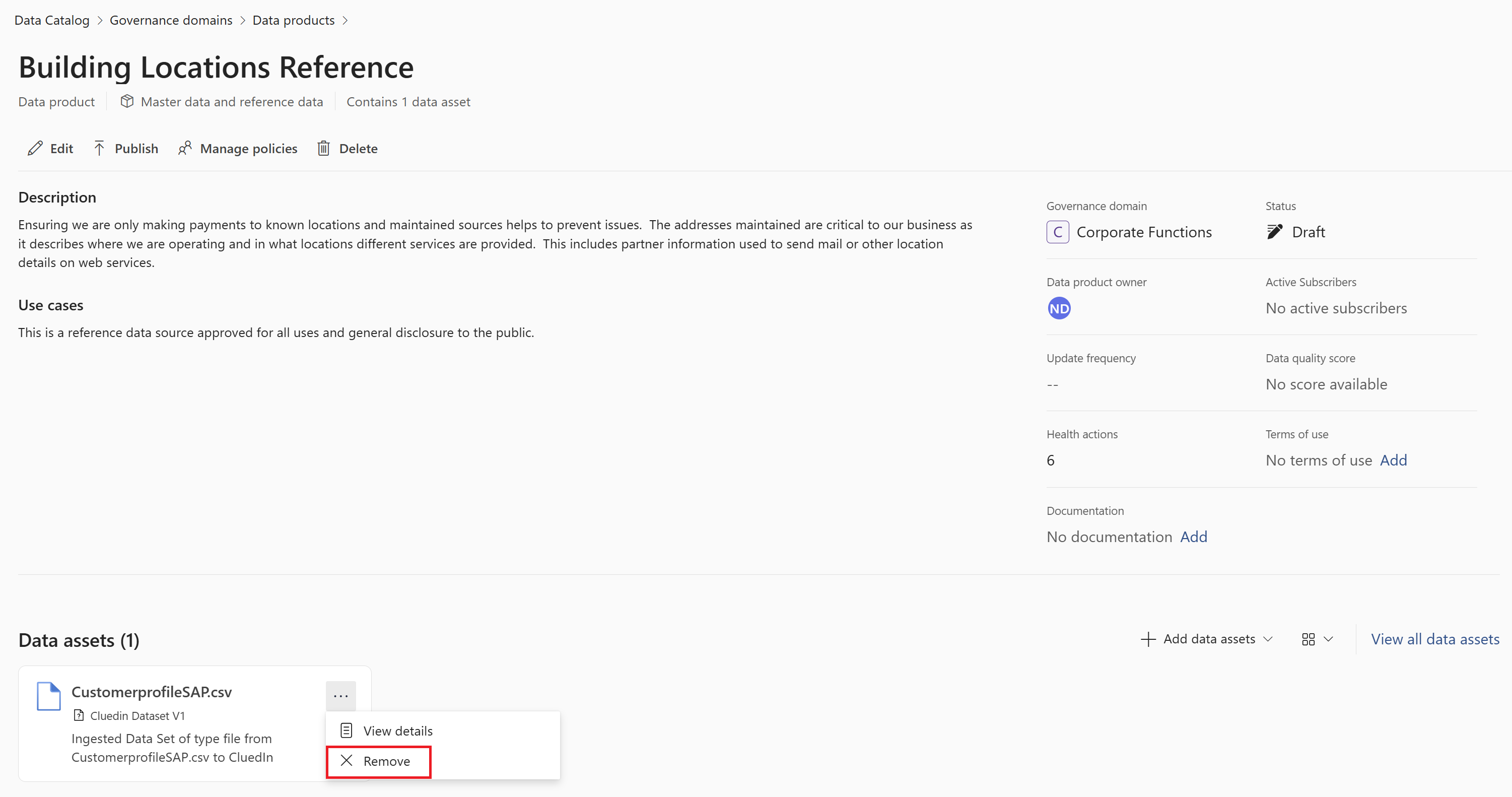 Screenshot of a data product detail page with an asset selected and the remove button highlighted.