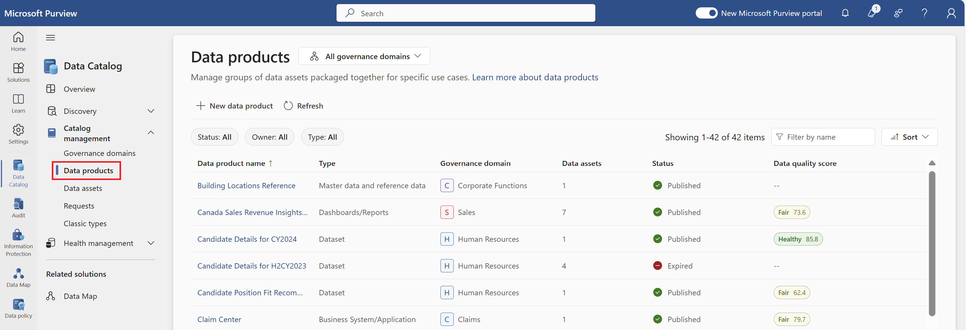 Screenshot of the data products page in the Microsoft Purview Data Catalog.