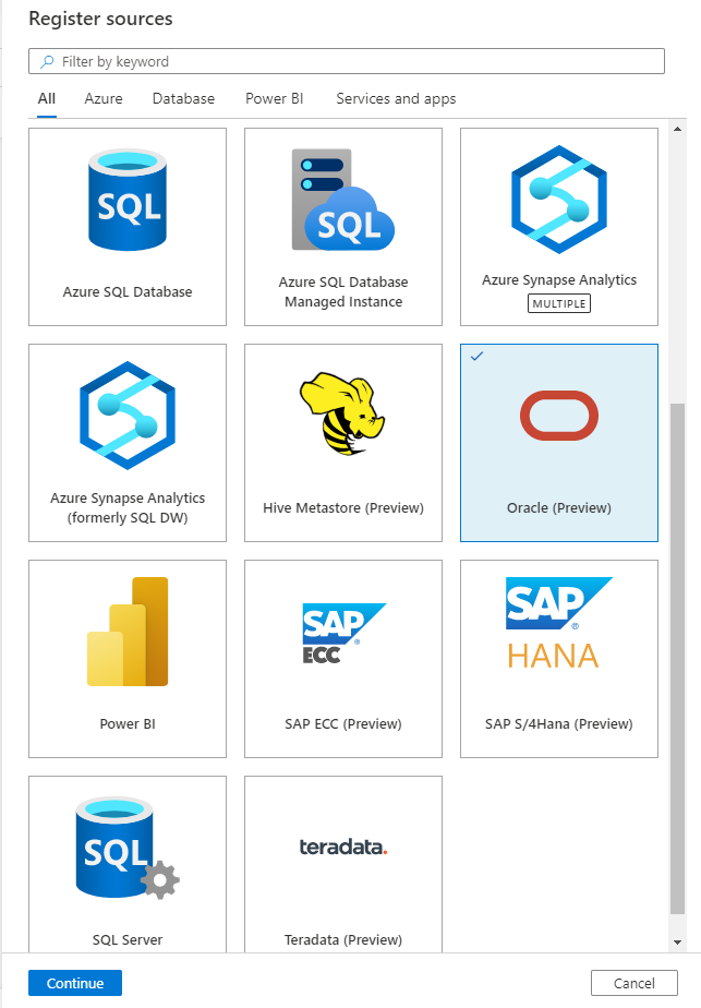 Screenshot of the register sources menu in the Microsoft Purview Data Map.