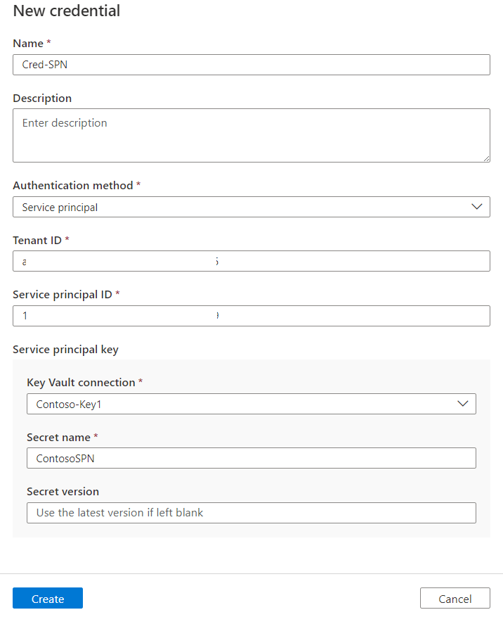 Screenshot of the new credential menu, showing Fabric credential for SPN with all required values supplied.