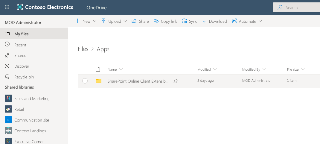 Application’s personal folder created for SharePoint Framework applications