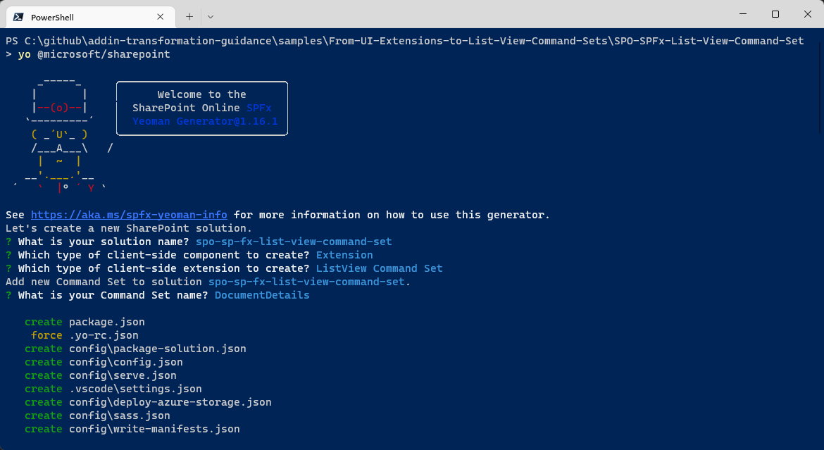 The UI of the scaffolding tool in a PowerShell window, while creating a new project for a SharePoint Framework ListView Command Set.