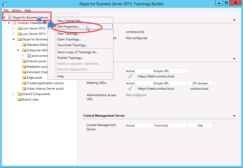 Right click Skype for Business Server and select Edit Properties.