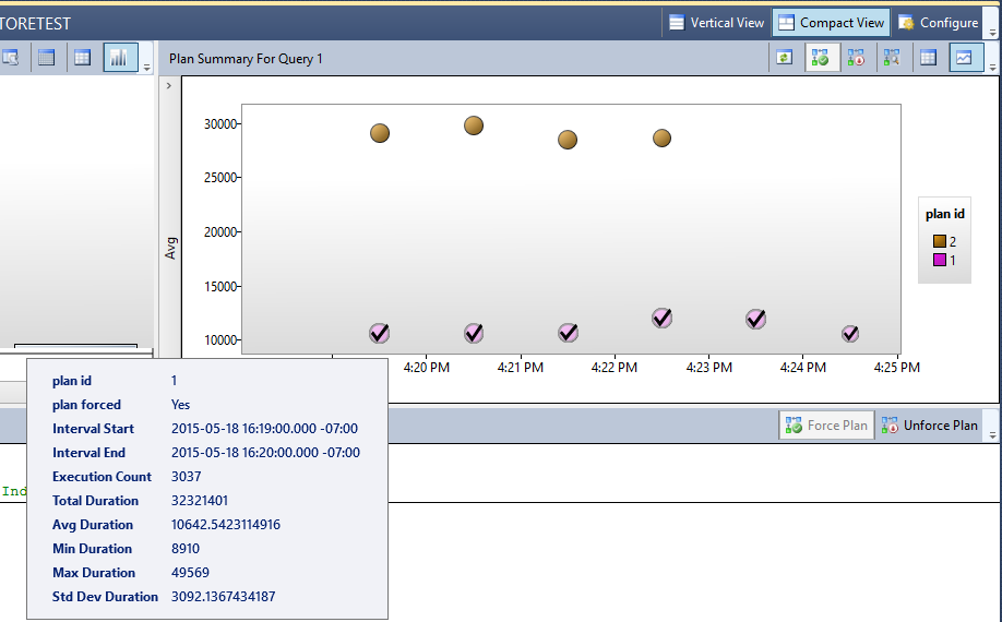query-store-usage-1 Screenshot of the Query Store showing a plan summary.