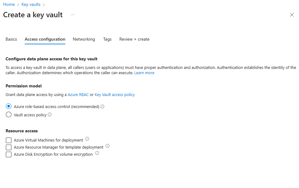 Screenshot of the Create key vault pane and Access configuration tab in the Azure portal.