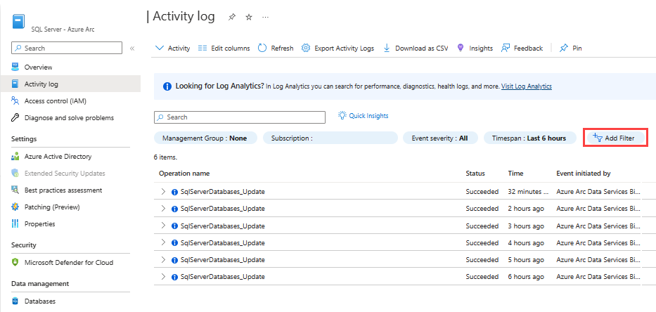 Screenshot of an Azure Arc-enabled SQL Server activity log and the button for adding a filter.