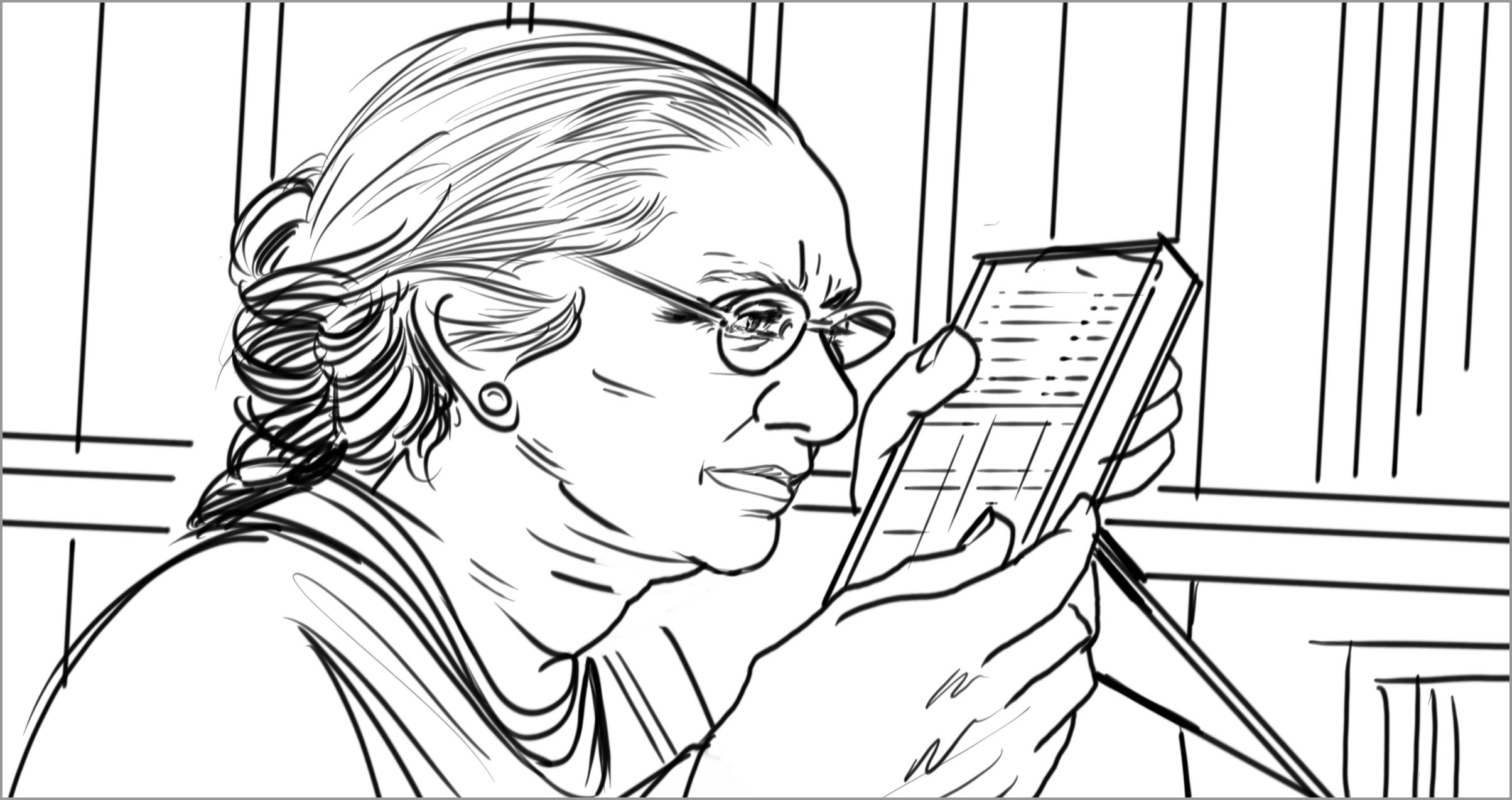 A woman holds a small tablet close to her face and squints through her glasses at it.