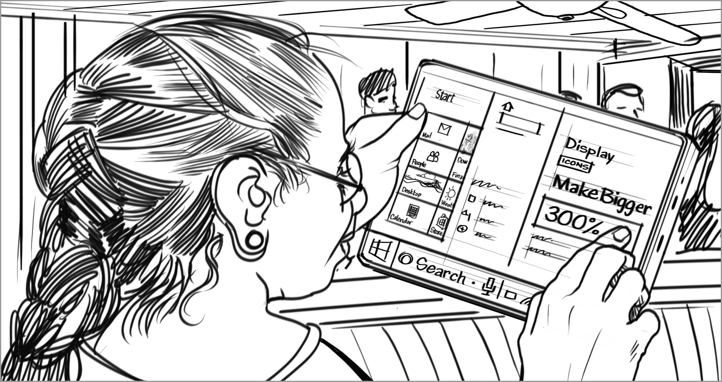 Screenshot of a person smiling as they look at a settings screen on the tablet. They're increasing the display size so the content looks bigger.