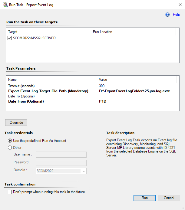Export Event Log task screenshot.