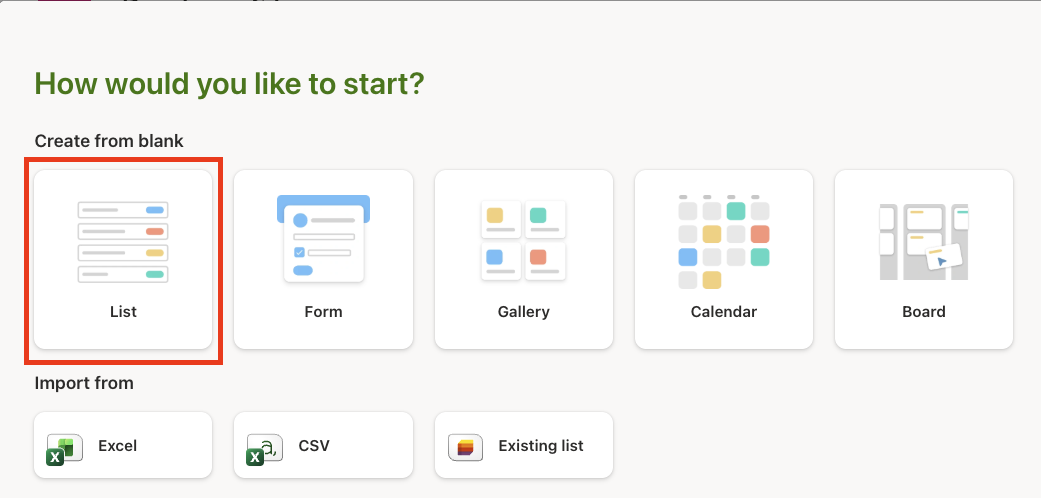 Screenshot selecting the blank list template.