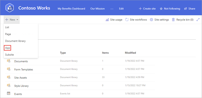 Screenshot selecting to create a new app - Apps you can add category.
