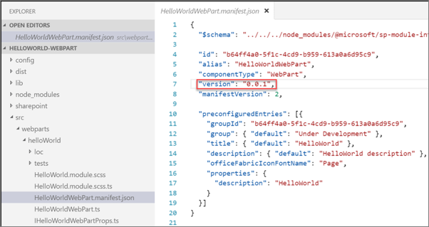 Screenshot of a component manifest version.