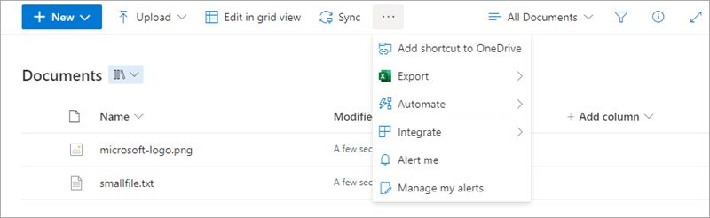 Screenshot of the document library command bar.