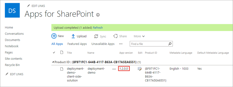 Screenshot of the SharePoint package version.