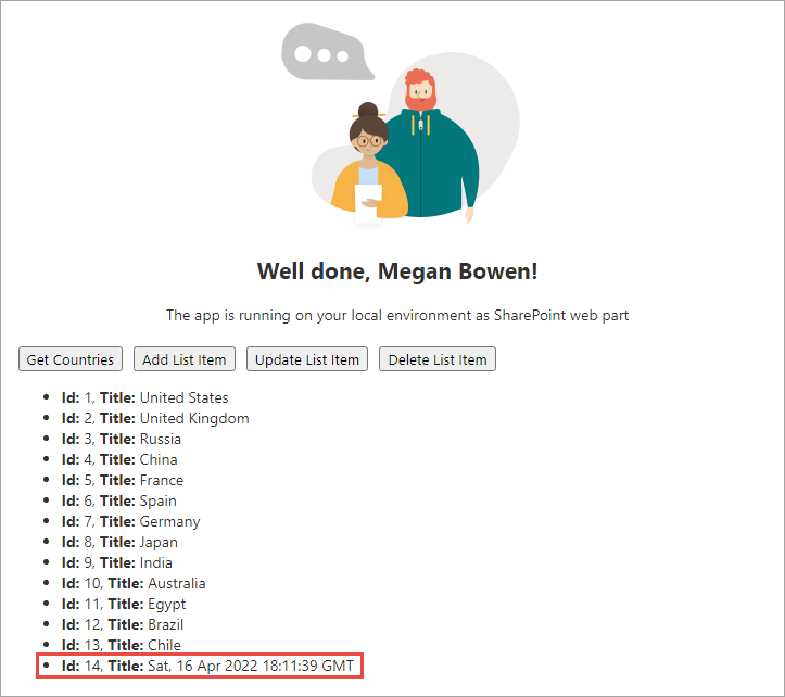 Screenshot of the web part with the new item.