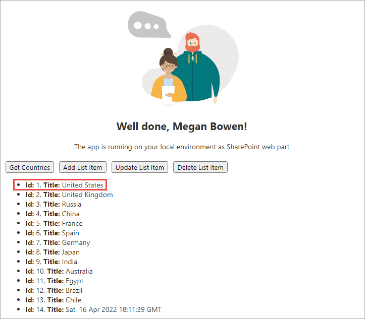 Screenshot of the web part before updating an item.