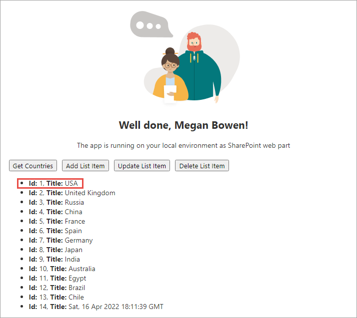 Screenshot of the web part after updating an item.