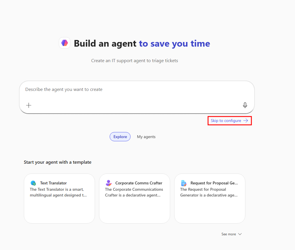 Screenshot of configure tab in the Agent Builder window.