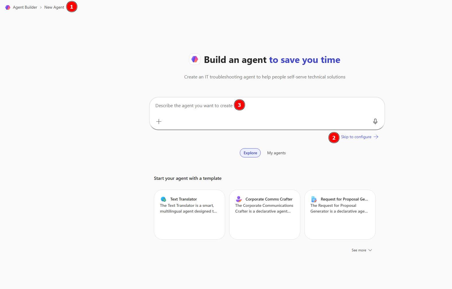 Screenshot of the new agent window options in Copilot Chat.