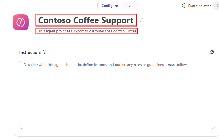 Screenshot of the custom agent with both Name and Description fields highlighted.