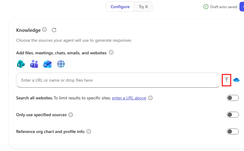 Screenshot of the upload file option for knowledge sources in agent builder.