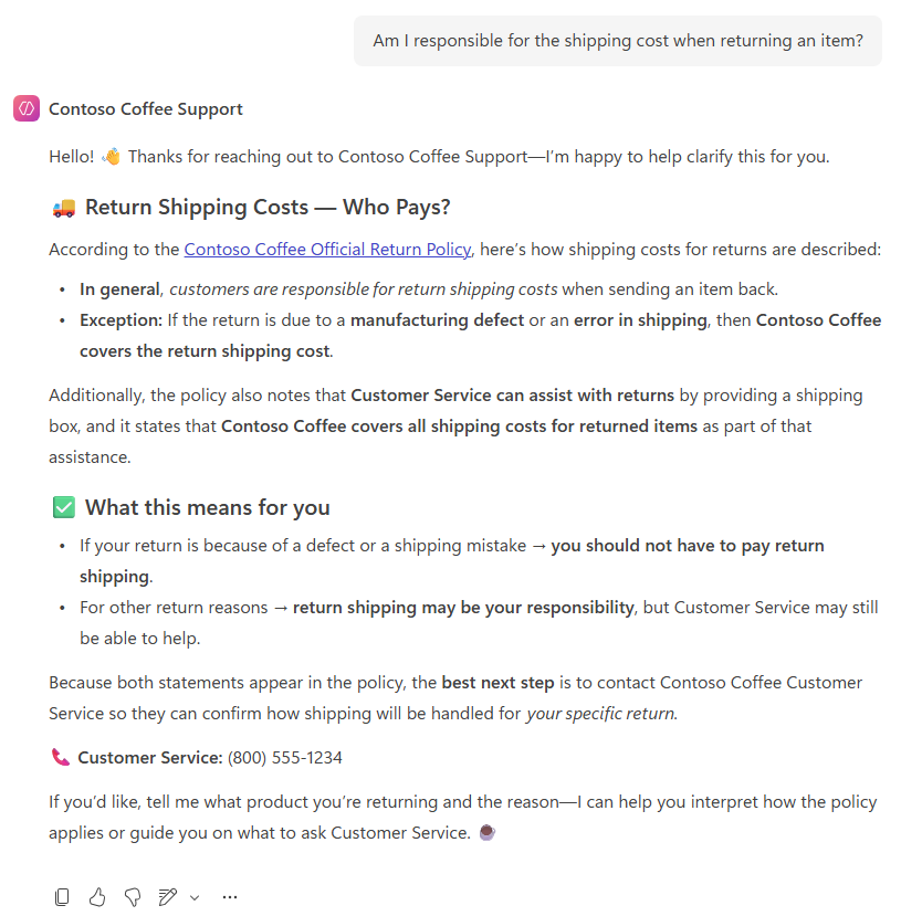 Screenshot of response from the agent after sending the Shipping Returns suggested prompt.