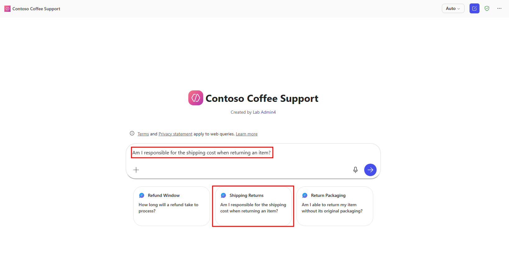 Screenshot of shipping Returns suggested prompt selected in the Contoso Coffee Support agent.
