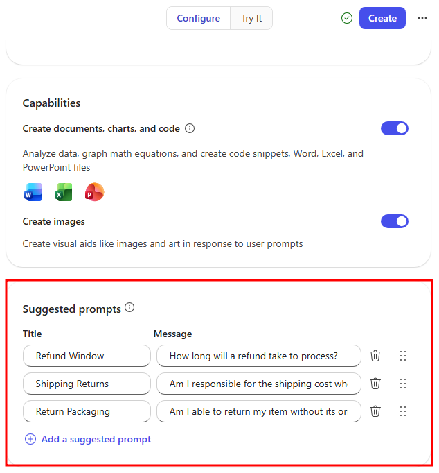 Screenshot of suggested prompts given to the Contoso Coffee agent.