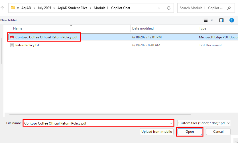 Screenshot of the upload screen for knowledge sources in SharePoint.