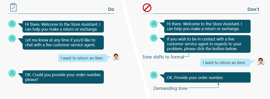 Screenshot of Dos and Don'ts in agents. Don'ts include shifting to a formal tone or to a demanding tone.