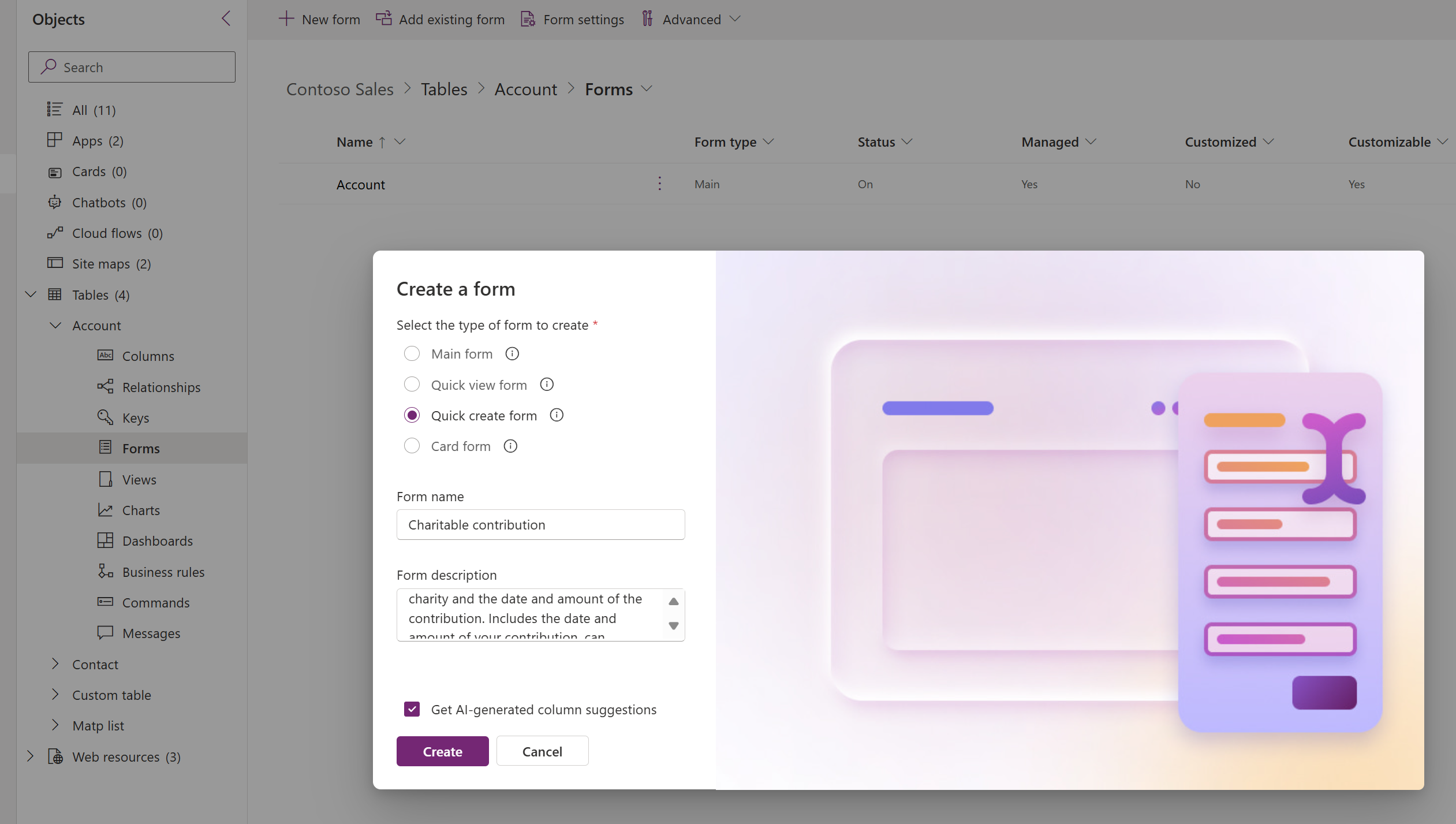 Screenshot of create a new form card in Power Apps.