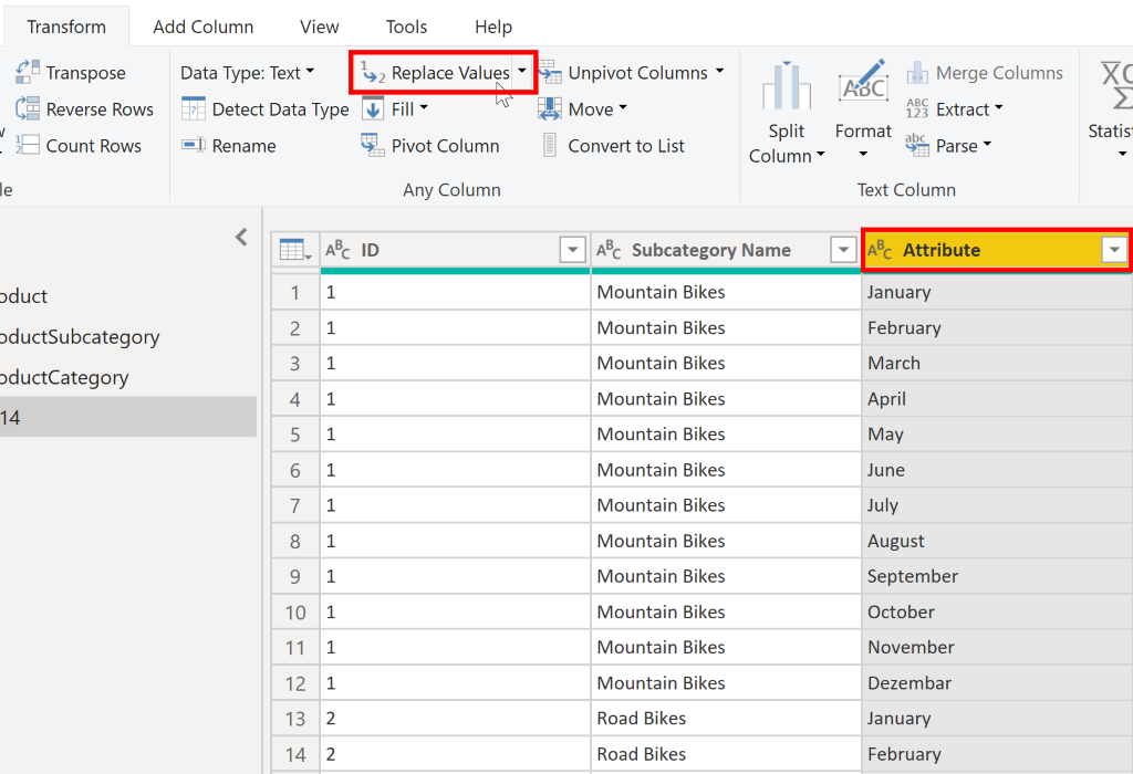 Replace value feature in Power Query Editor