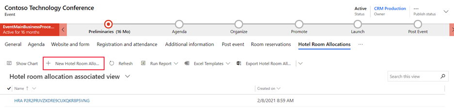 Create a new hotel room allocation by selecting + New Hotel Room Allocations.