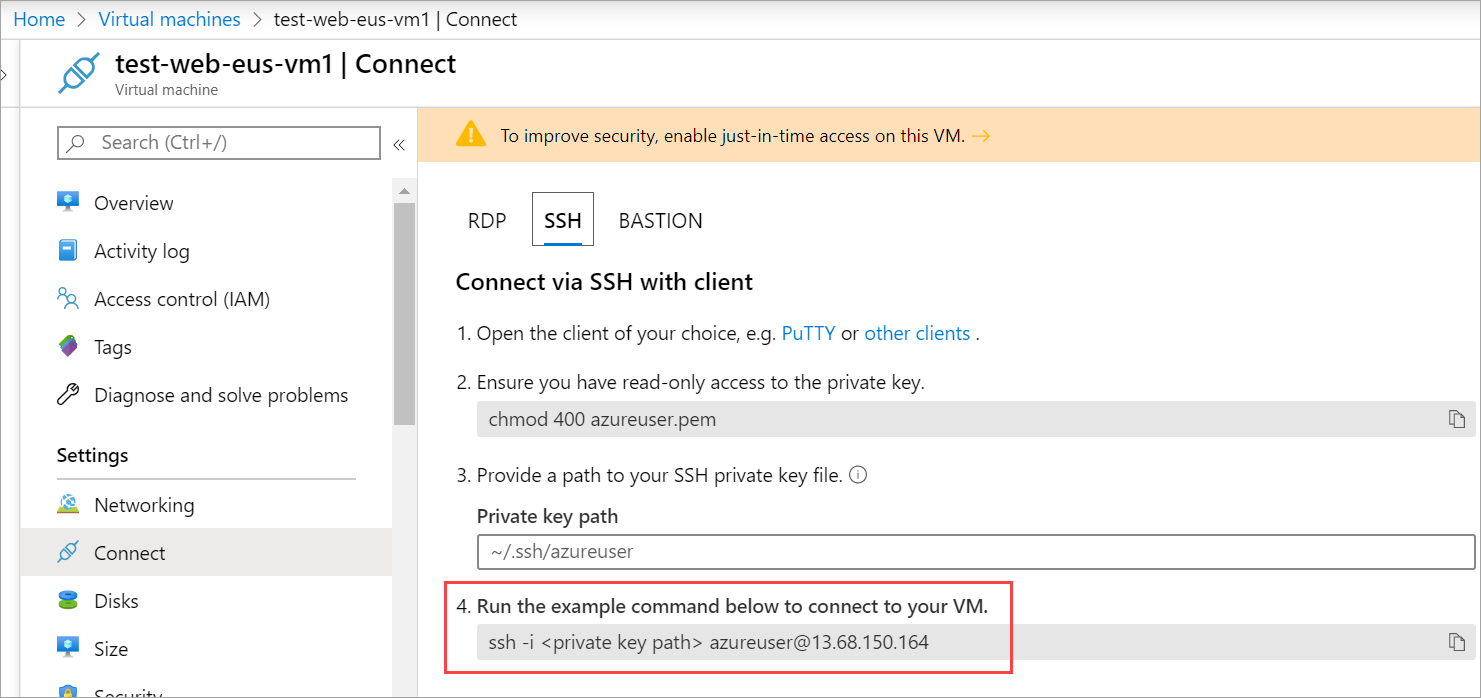 Screenshot of the Azure portal showing the Connect to a virtual machine pane configured to connect via SSH to the newly created Linux VM.