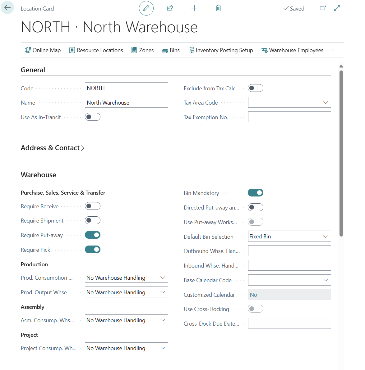 Screenshot of the Location card with warehouse tasks.