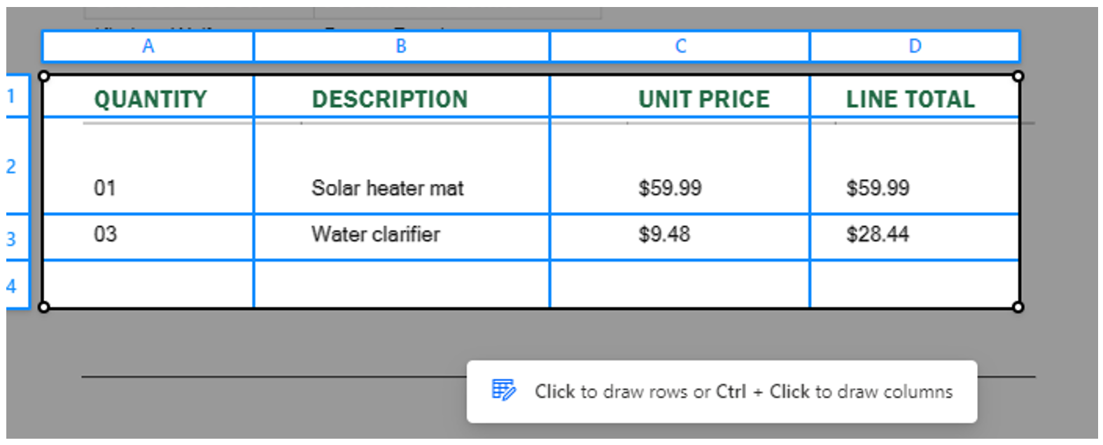 Screenshot of completed table.