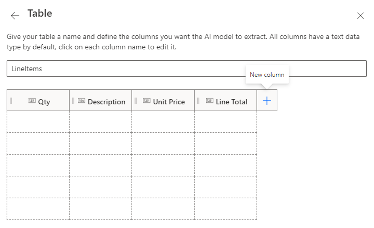 Screenshot of a new table.