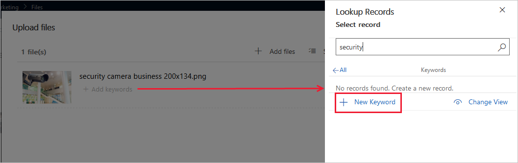 Screenshot of the + Add keywords and + New Keyword buttons.