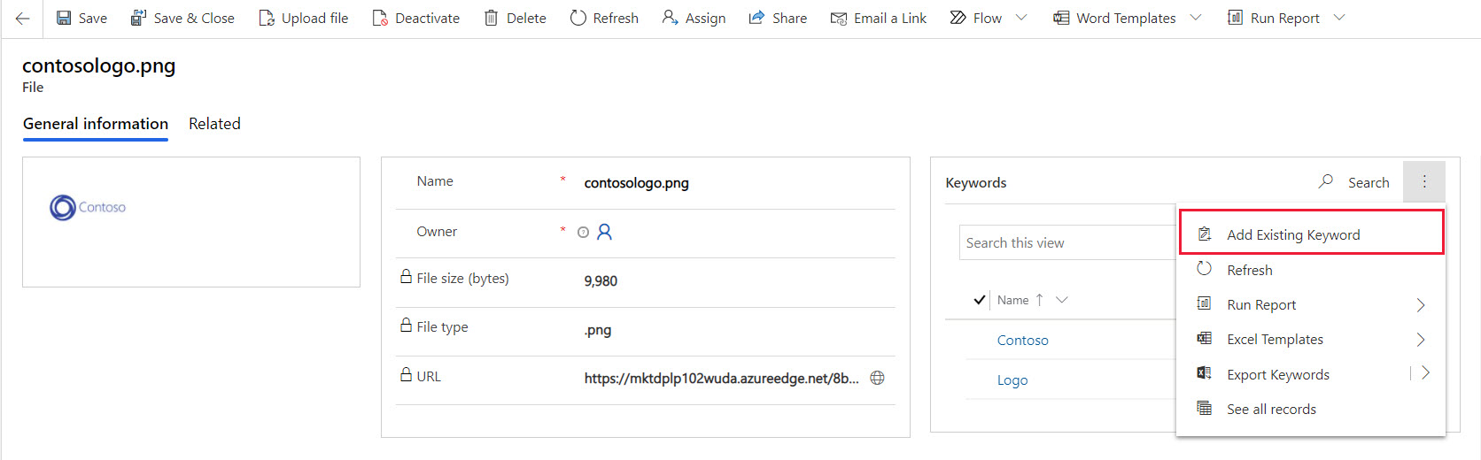 Screenshot of the Add Existing Keyword feature.