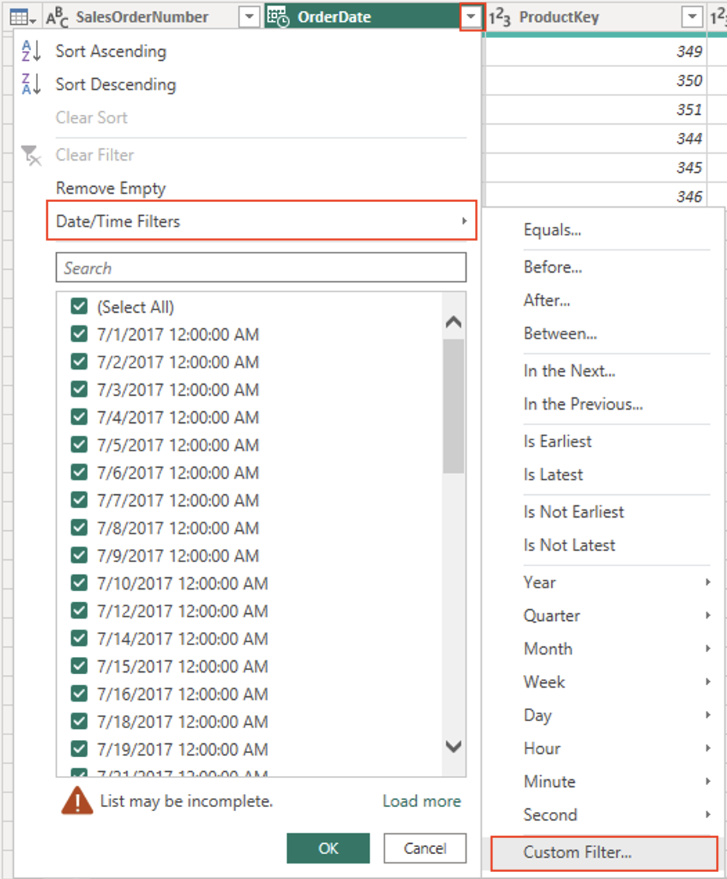 Select custom filter option