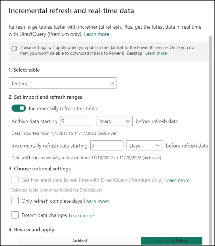 Select incremental refresh settings