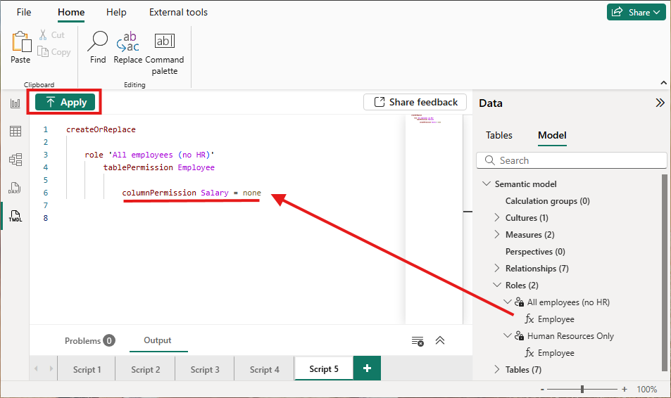 Screenshot shows how to apply OLS in the TMDL view in Power BI Desktop.