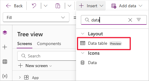 Closeup of the + Insert button with 'data' entered into the search field and Data table highlighted.