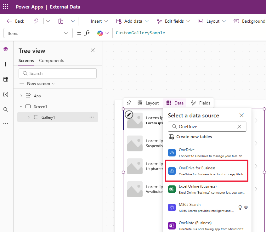 Screenshot of adding OneDrive data source to a gallery.