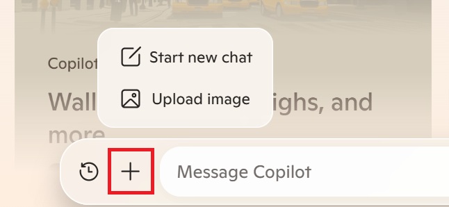 Screenshot of the command for uploading an image in Microsoft Copilot.