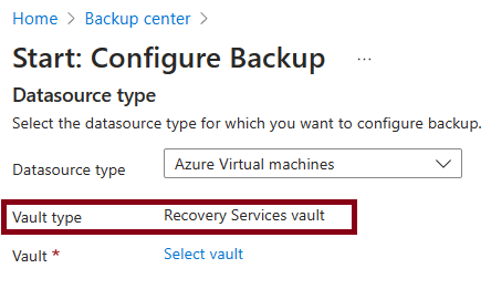 Screenshot that shows backup options for an Azure virtual machine to an Azure Recovery Services vault.