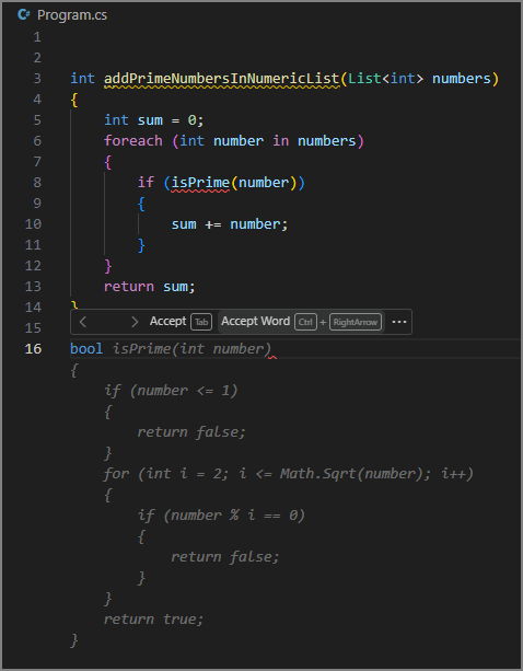 Screenshot showing "Accept Word" option in progress for autocomplete suggestions.