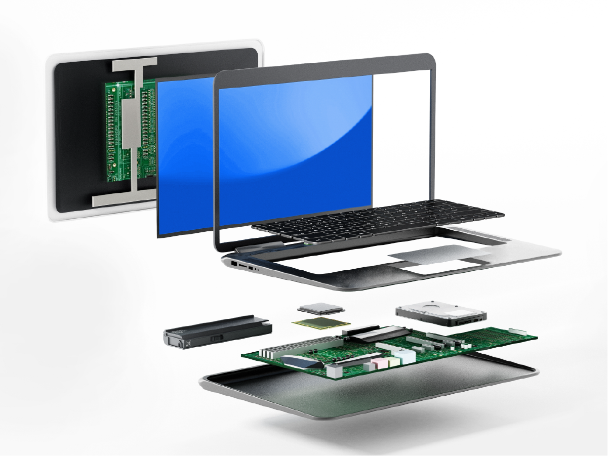 Diagram showing a single computer with all the components separated out.